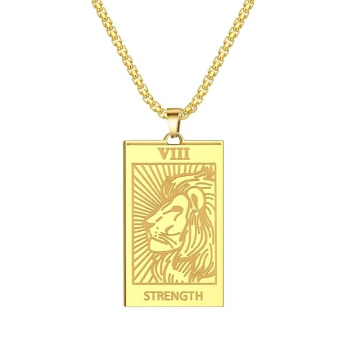 Pendentif lion carte de tarot force collier punk païen géométrique en relief noirci
