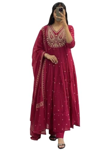 Image of ANNI Designer Women's Rayon Viscose Printed Embroidered Anarkali Kurta with Pant & Dupatta | Ethnic Kurti Set with Embroidery | Soft Comfortable Fabric | Stylish Outfit for Festive, Office