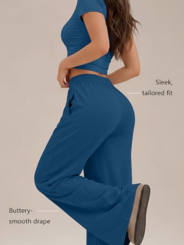 Image of Trendy Queen Women's 2 Piece Matching Summer Lounge Set with Pockets | Vacation Airport Travel Outfits, Workout Gym Clothing Comfy Athleisure Clothes, Side-ruched Top, Drawstring Wide Leg Pants