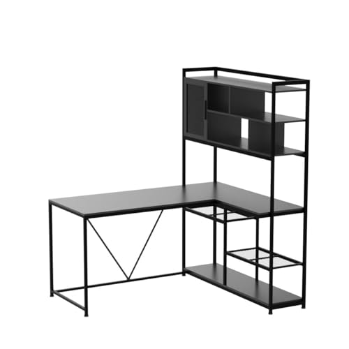 SEDETA L Shaped Computer Desk, 58'' Office Desk with LED Light and Bookshelf, L Shaped Corner Desk with Storage Shelves for Home Office, Gaming Desk, L Desk, Black