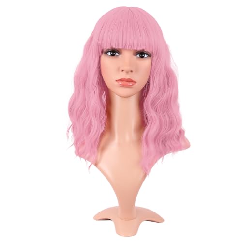 Image of MapofBeauty 14 Inch /35 cm Short Wavy Curly Women Fresh Bright Synthetic Ordinary Flat Bangs Bob Wig (Light Pink)