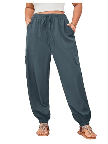 SOLY HUX Women's Plus Size High Waist Cargo Pants Casual Loose Baggy Jogger Pants Trousers Pockets Dusty Blue 3XL
