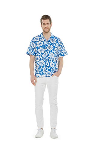 Matchable Hawaiian Luau Father Son Men Aloha Shirt or Boy Aloha Shirt in Classic Vintage Hibiscus Blue2