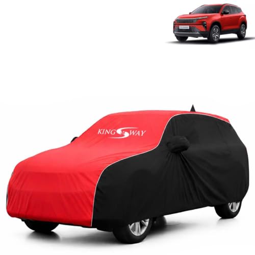 Image of KINGSWAY Super Waterproof Car Cover Only with Tata Harrier (Year 2023 Onwards - All Model) | Mirror and Antenna Pockets | All Weather Car Body Cover with Silver Piping | Black Red