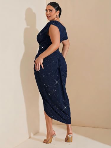 Image of Floerns Women's Plus Size Asymmetrical Neck Long Dress Ruched Slit Hem Cocktail Dress