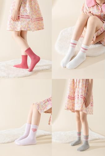 Girls Socks Kids Pink Crew Athletic Socks with Hearts Striped 4 Pairs for Children 4-12 Years3