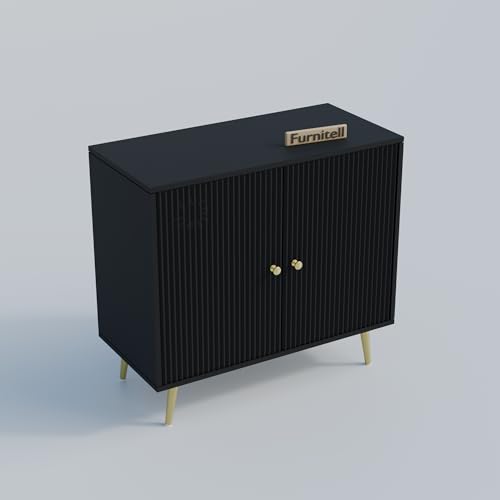 Image of Wooden Storage Cabinet For Living Room & Bedroom | Fluted Design Sideboard Cabinet with 2 Doors Storage Unit | Multipurpose Organizer for Entryway | HDMR Premium Wood|Gold Metal Legs (Black)