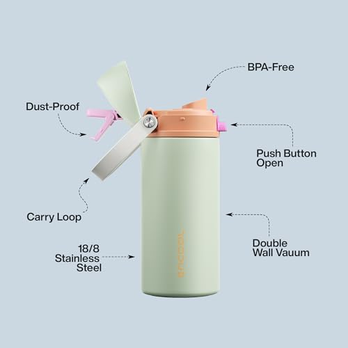 Image of Insulated Water Bottle with Straw - Encool Stainless Steel Water Bottle with Push Button Lid, Leak-Proof & BPA-Free, Keeps Cold for 24 Hours for Sports, Travel, Gym (18 oz, Geyser Green)