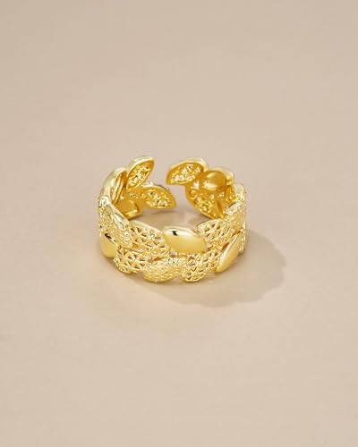 Gold Chunky Floral FULLY ADJUSTABLE Open Statement Ring for Women by SNGIA, Summer Beach Handmade Adjustable Cluster Flower Band Ring, Minimalist Stackable Wedding Date Birthday Gift, Bold Exaggerated Irregular Wavy Trendy Ribbed Jewelry, Textured Patterned Fashion Accessories, Vintage Hammered CursiveThick Circular Nickle Free Gifts.3