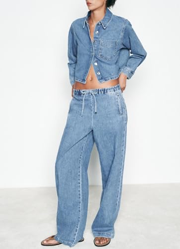 Women Crop Denim Jacket Shacket Long Sleeve Jean Shirt Lapel Collar Denim Shirt Blouse4