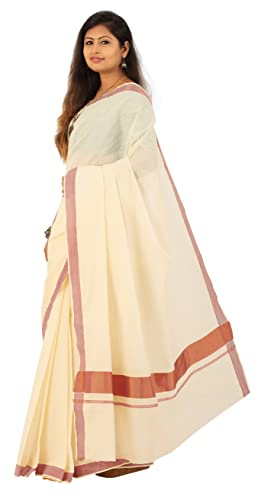 Image of Women's Kerala Traditional Cotton Kasavu Saree with Running Blouse | Sari for Weddings, Festivals, Temple Visits, Onam Vishu & Regular Wear