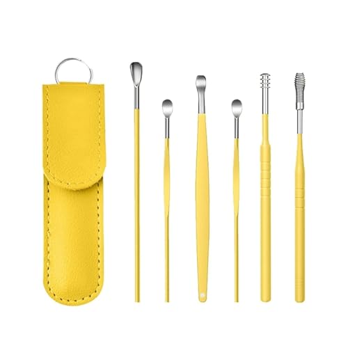 Lowinza Ear Wax Cleaner - Resuable Ear Cleaner Tool Set with Storage Pack - EarWax Remover Tool Kit with Curette Picker and Spring EarBuds 6 Pcs Set Yellow Pack of 1