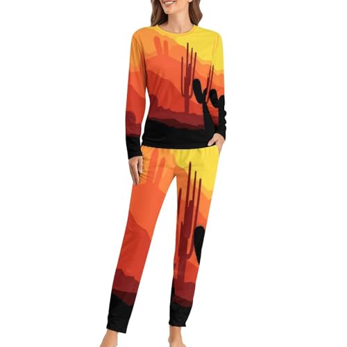 Ensemble pyjama femme imprimé cactus du désert t-shirt manches longues et pantalon fluide