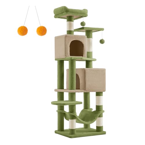 Image of Feandrea Cat Tree, 59.5-Inch Tall Cat Tower, Plush Multi-Level Condo with 5 Scratching Posts, 2 Perches, 2 Caves, Hammock, 2 Pompoms, Grass Green and Camel Brown UPCT192C03