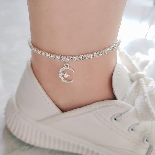 Image of Fesciory Silver Ankle Bracelets for Women, Adjustable Rhinestone Pendant Tennis Anklet, Butterfly Heart Infinite Diamond Summer Beach Foot Chain Jewelry Gifts