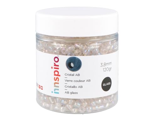 INNSPIRO Rocalla de vidrio redonda aurora boreale transparente 3,8mm. 120gr. Bote. Para crear pulseras y collares, ideal para manualidades y joyas con niños. Cuentas semilla.