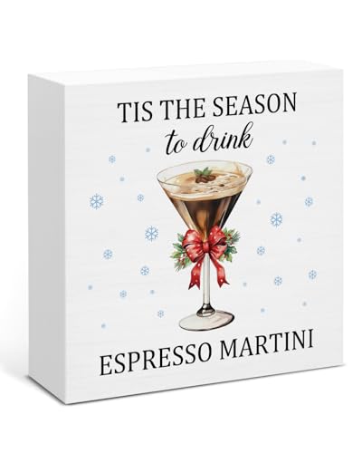 Image of Christmas Decor, Espresso Martini Wood Box Sign, Farmhouse Christmas Home Office Decorations for Desk Table Shelf 5 X 5 Inches