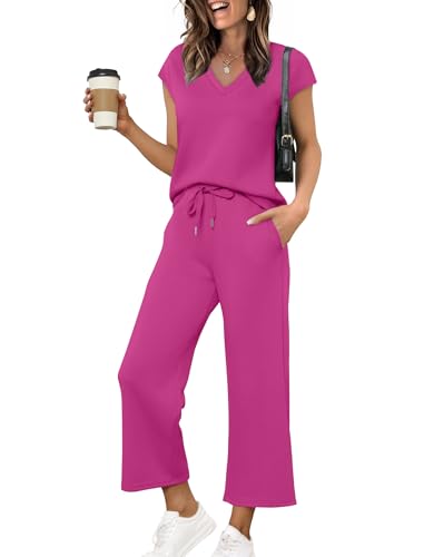 Saloogoe Two Piece Sets for Women Summer Outfits Lounge Sets V Neck Tops Wide Leg Pants Woman Vacation Travel Outfits
