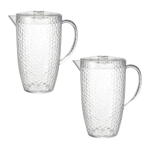 Pack of 2-2 Litre Drinks Pitcher Jug - Indoor Outdoor Summer Dining Barbeque Picnic Party Tableware- Clear Plastic Dimple Effect with Lid - Juice Water Cocktails
