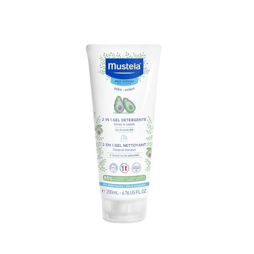 Mustela 2-in-1 Reinigungsgel, Körper und Haar, für Babys, Kinder, für die ganze Familie geeignet - praktisch für unterwegs, 95% Inhaltsstoffe natürlichen Ursprungs (200ml)