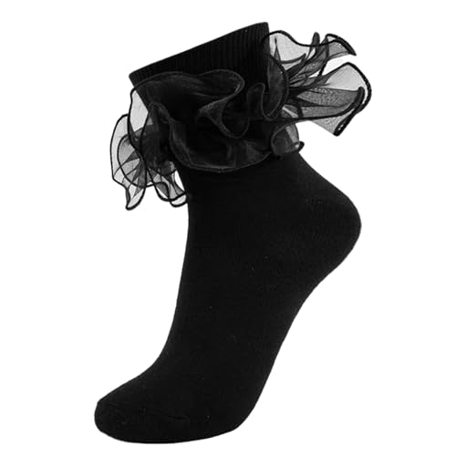 Image of Women Big Ruffle Ankle Socks Adult Double Lace Frilly Socks Fold Cuff Cotton Ruffled Dress Crew Bobby Bride Sock