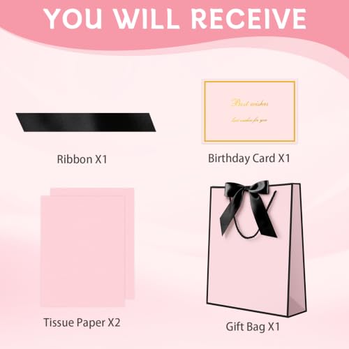 Image of JMANNI Pink Day Gift Bag, 1PCS 13 inch Gift Bags with Ribbon and 1 Greeting Cards 2 Tissue Paper, Portable Paper Gift Bag with Handles, Present Bags for Birthday Wedding Party Mothers Day (Pink-Black)