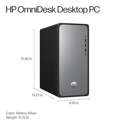 Image of HP OmniDesk Desktop PC, Intel Core i7-14700, 16 GB RAM, 1 TB SSD, Intel UHD Graphics 770, Windows 11 Home, Microsoft Copilot, Meteor Silver, M02-0110 (2025)