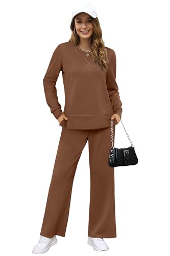 Image of OFEEFAN Women's 2 Piece Lounge Set Travel Airport Outfits Side Slit Tracksuit Wide Leg Loungewear Baggy Comfy Sweatsuit S-3XL
