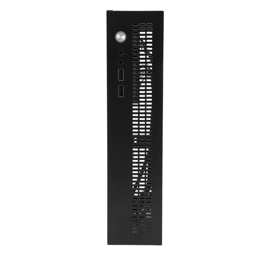 Gabinete pequeño para PC con placa de acero, soporte para motherboard Mini-ITX, ventilación eficiente con refrigeración por aire, y puertos USB 2.0 miniatura 6