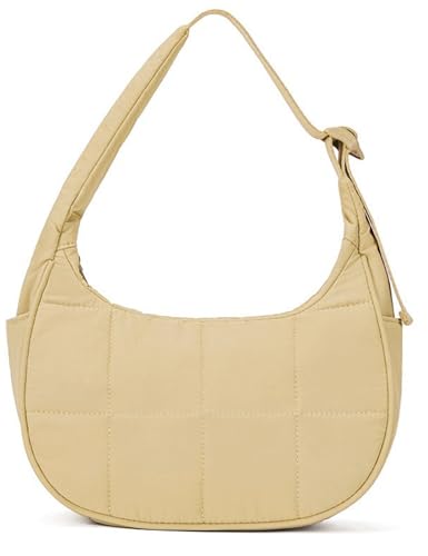 Small Puffer Crescent Shoulder Bag for Women, Nylon Quilted Puffy Handbags Hobo Purse with Adjustable Strap