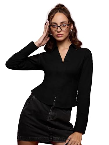 Image of The Souled Store Corset Shirt: Onyx Women and Girls Long Sleeves Collared Neck Button Front Fitted Shirts