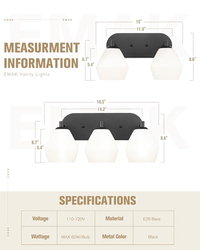 Image of Emak Black Bathroom Lighting Fixtures Over Mirror, Modern Bathroom Vanity Light with Clear Glass Shade, 3-Light Vanity Lights for Mirror, Bath, VL129-BK-ML-3