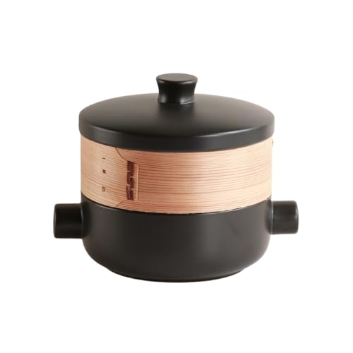 AOUCN日本の蒸し器キャセロール 、蒸し器付きスープポット、蓋付き、多機能、セラミック製、直火、耐熱性、セット、家庭用および業務用 (2.5L ブラック(蒸し器付き)