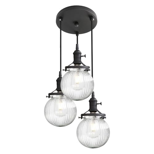Image of Phansthy Kitchen Island Lighting, 3 Lights Linear Chandeliers, Hanging Light with 5.9 inch Globe Striped Glass Shade, 3-Light Pendant Light Fixtures for Dining Room Farmhouse (Black, Round Base)