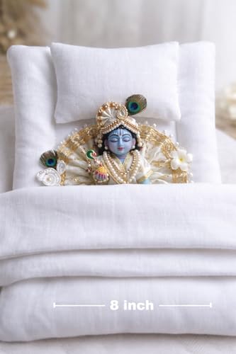 Image of Laddu Gopal Bed Set, White, Cotton, 8 Inch, with Mattress, Pillow and Blanket for Bal Gopal Idol