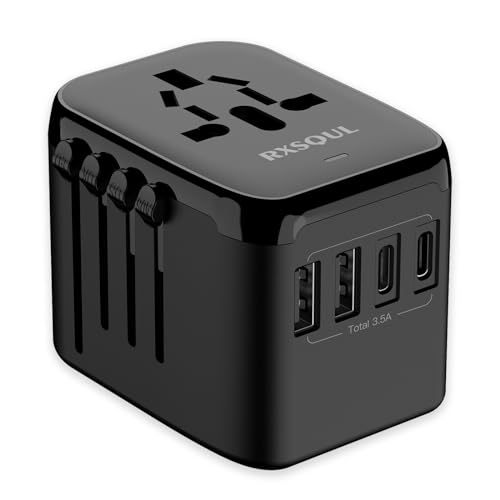 RXSQUL Universal International Power Travel Plug Adapter 5 in 1 European Travel Plug Adapter W/ 3.5A 2xUSB-A And 2xUSB C Wall Charger and Worldwide AC Outlet for Europe USA UK AUS Asia-Black