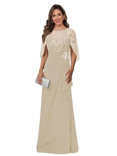 GIOUFEI Women’s Chiffon Mother of Bride Dresses Cape Sleeve Long Ruffled Evening Dress A Line Champagne Lace Mother of Groom Gown 2026 US10