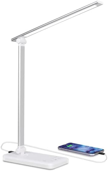 Desk Lamp,Eye Caring LED Desk Lamps,Dimmable Bedside Lamp with USB Charging Port,5 Color Modes x 10 Brightness Levels,Touch Sensitive Control,Auto Timer 45 Minutes for Home,Office,Study,Work,Reading
