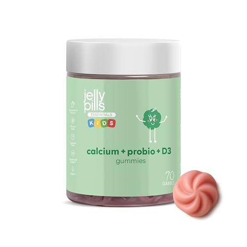 Jelly Pills Gominolas de Calcio para Niños + Probióticos & Vitaminas D3 y K2-70 Gummies Veganas - Sin Azúcares Añadidos - Sabor Fresa - Apoyo para Huesos & Dientes