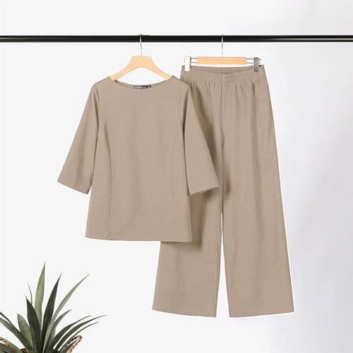 Womens Linen 2 Piece Pants Suits Dressy Cotton Solid Color 3/4 Sleeve Tops and Wide Leg Pant Suits3
