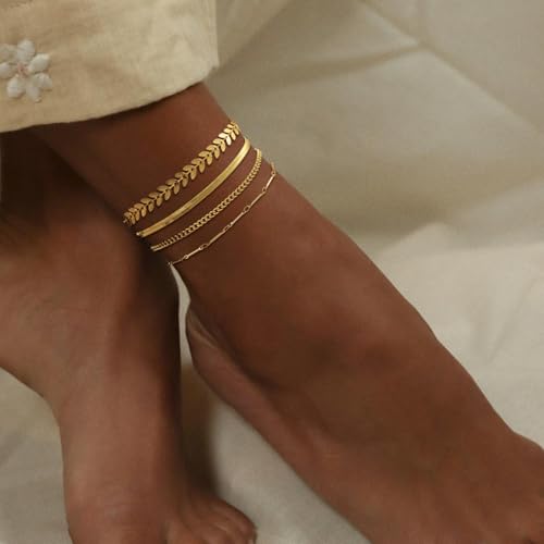 Image of Gold Ankle Bracelets for Women Waterproof,14k Gold Plated Anklet Set 4PCS Cuban Link Snake Chain Dainty Anklets Summer Beach Gift
