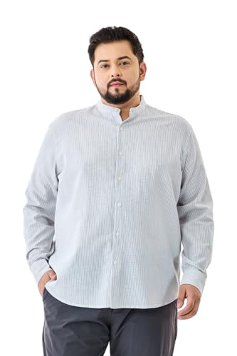 Image of SNITCH Men Casual Plus Size Shirt | Regular Fit Full Sleeve Mandarin Collar Striped Design | Premium Cotton Linen Blend & Breathable Fabric for Office & Everyday Wear
