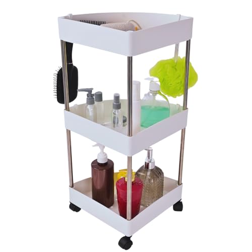 JIALTO 3 Tier Kitchen Trolley Rack, Kitchen Triangle Storage Multi-Tier Rack Plastic Organization with Handle & Wheels Free Standing/Organizer Racks Self/Racks for Storage Multipurpose - White