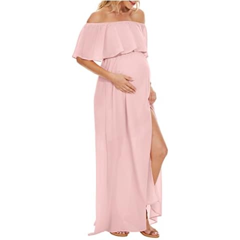 Summer Side Split Off Shoulder Ruffle Maternity Dress/Flowy Chiffon Maxi Photography Dress for Baby Shower Photoshoot, Pink, Large Cover