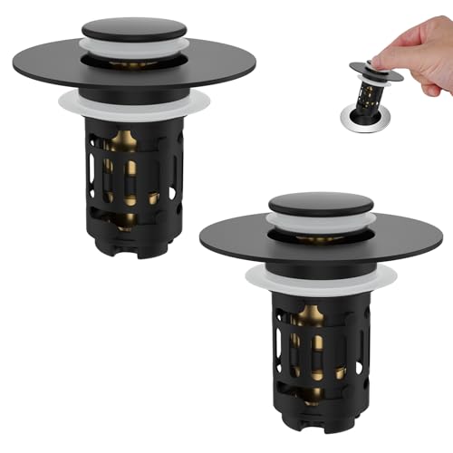 Hibbent 2 Pack Universal Bathroom Sink Drain Strainer 3 in 1 Pop Up Stopper Removable Stainless Steel Filter Basket Brass Bullet Core Hair Catcher Sink Plug for 1.1~2.36 Hole Matte Black