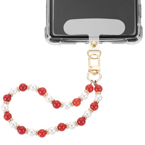Dragonne de téléphone en perles rouge et blanc 15 cm avec languette