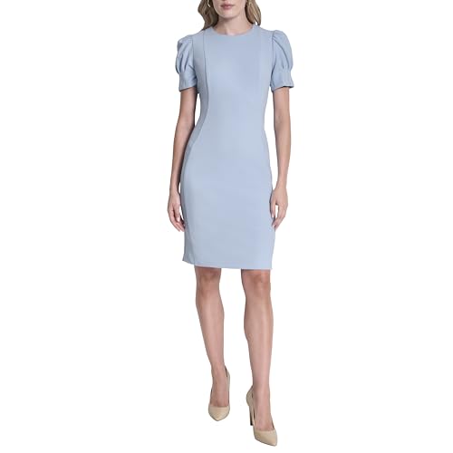 Image of DKNY Women's Short Puff Sleeve Knee Length Sheath Dress with Exposed Back Zipper