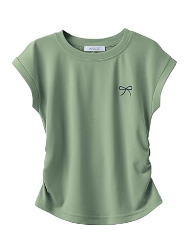 Arshiner Mädchen T-Shirts Tailliert geschnitten Kurzarm Sommer Top Rundhals Schleifendruck Mode Einfarbig Tshirt Oberteile für Kinder Tops Shirts Graugrün 140 9-10 Jahre