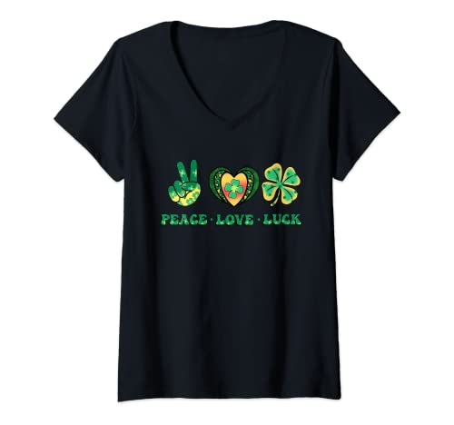Mujer Peace Love Luck Camisa divertida irlandesa del día de San Patricio Camiseta Cuello V
