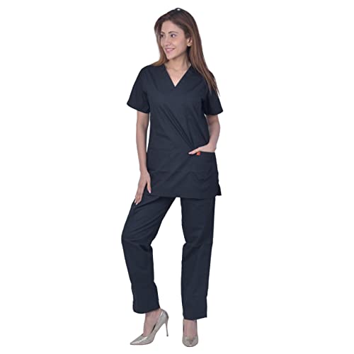Image of UNISEX V-NECK POLYESTER COTTON MEDICAL SCRUB SUIT FOR DOCTORS (TOP AND BOTTOM) TRIPLE NEEDLE STITCH TOP WITH CHEST POCKET, BLACK, 46-3XL.